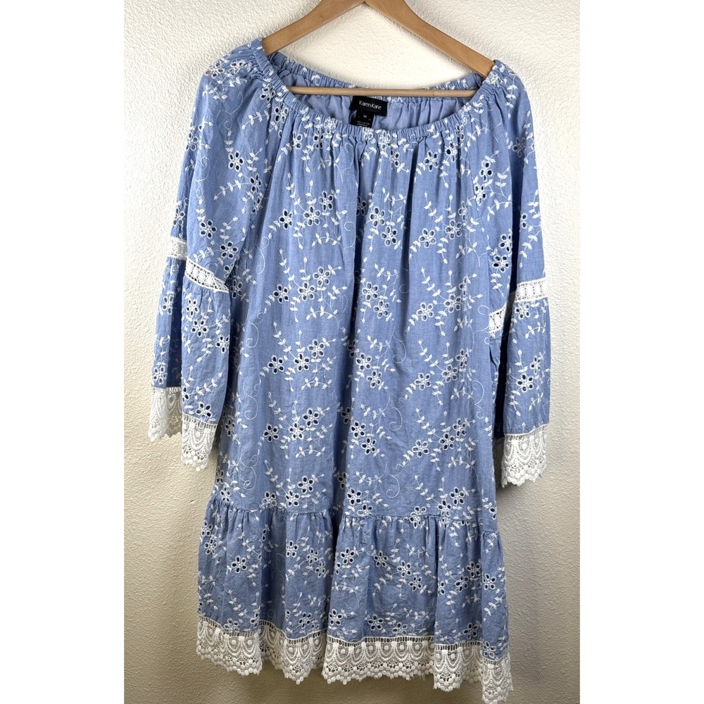 Karen Kane  Dress  Blue Embroidered Mixed Lace Eyelet Cotton Boho